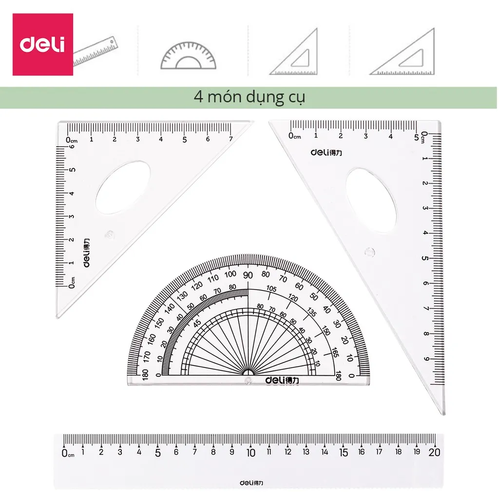 Ảnh Bộ thước kẻ, thước đo độ, eke Deli cho học sinh bộ dụng cụ học tập 4 chiếc Trong suốt, dễ nhìn và đo chính xác 1