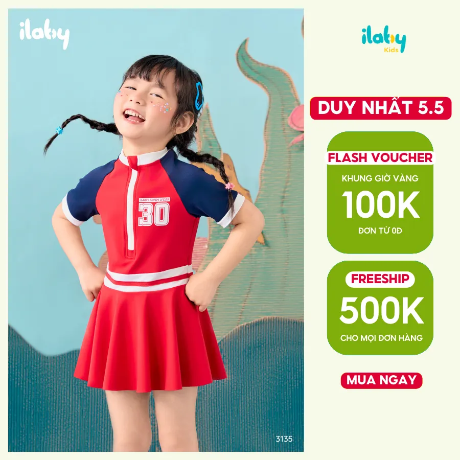 Ảnh Bộ váy bơi bé gái ILABY thiết kế áo cộc tay liền chân váy có lót quần chất liệu thun lạnh [3135] 1