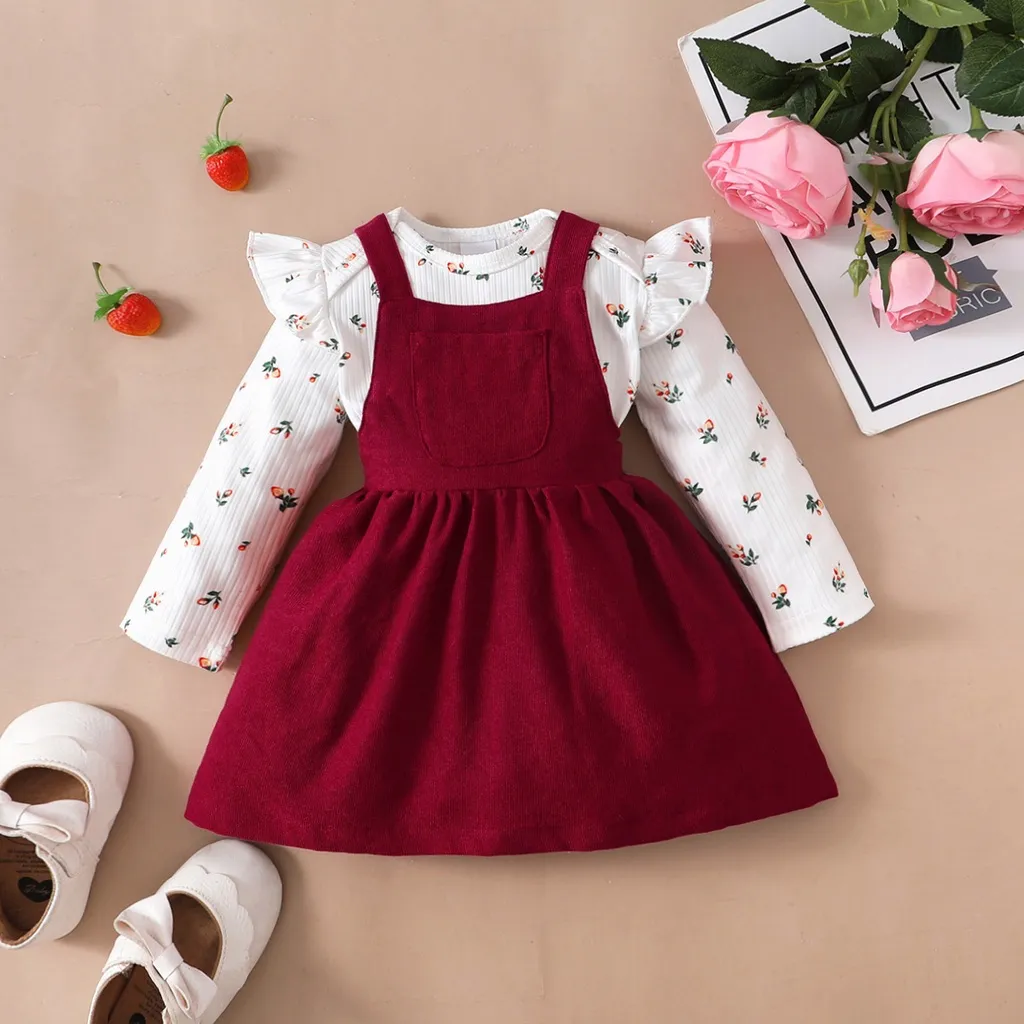 Ảnh Bộ Váy Cho Bé Mikroo Baju Cho Bé Gái 0-24 Tháng 2PICS Cotton-Polyester Phối Vải In Hoa Body + Đầm Công Chúa Màu Đỏ Trơn Mặc Thường Ngày 2