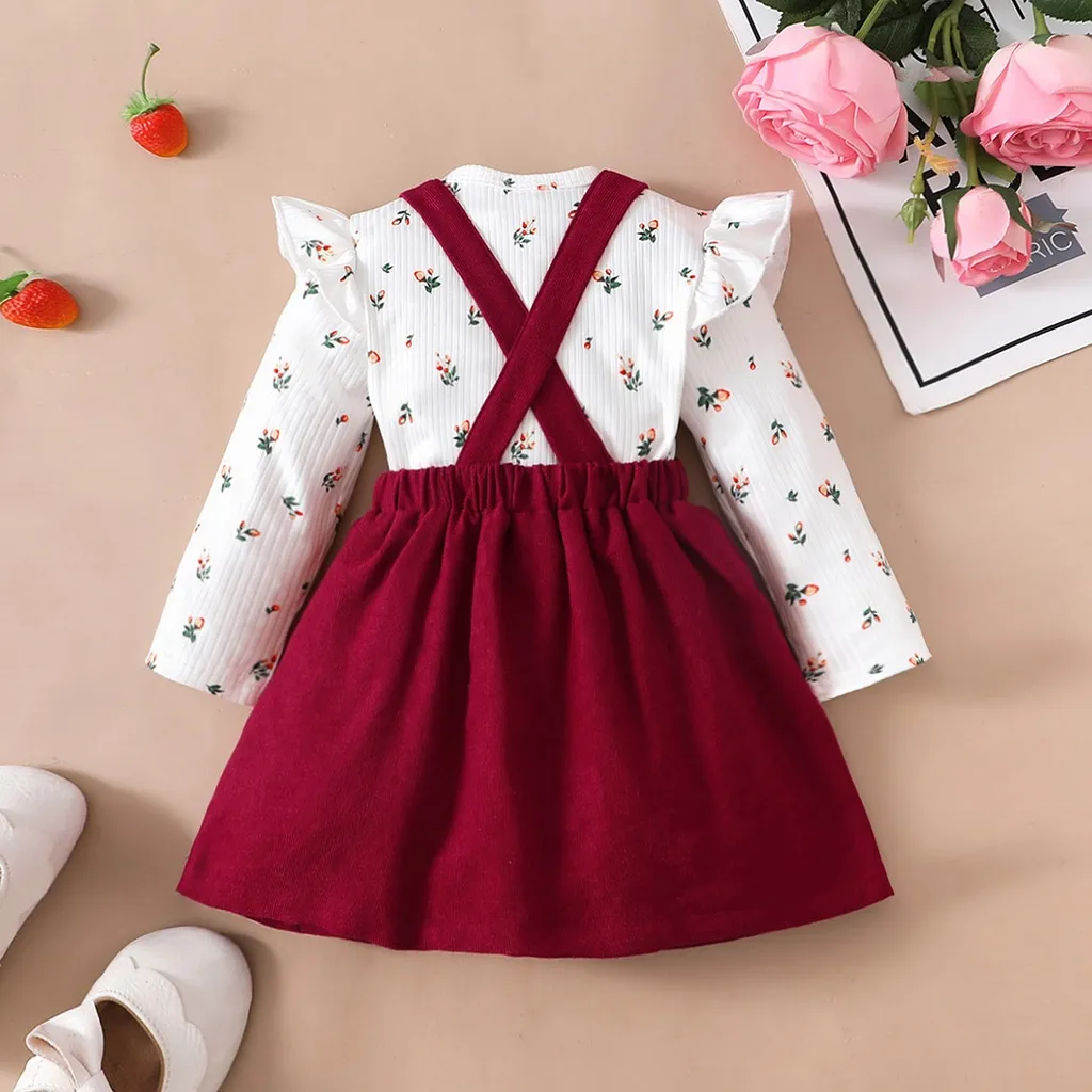 Ảnh Bộ Váy Cho Bé Mikroo Baju Cho Bé Gái 0-24 Tháng 2PICS Cotton-Polyester Phối Vải In Hoa Body + Đầm Công Chúa Màu Đỏ Trơn Mặc Thường Ngày 3