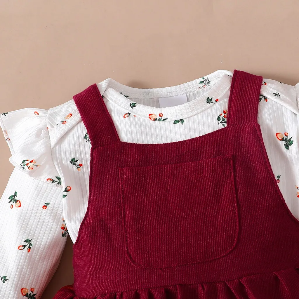 Ảnh Bộ Váy Cho Bé Mikroo Baju Cho Bé Gái 0-24 Tháng 2PICS Cotton-Polyester Phối Vải In Hoa Body + Đầm Công Chúa Màu Đỏ Trơn Mặc Thường Ngày 4