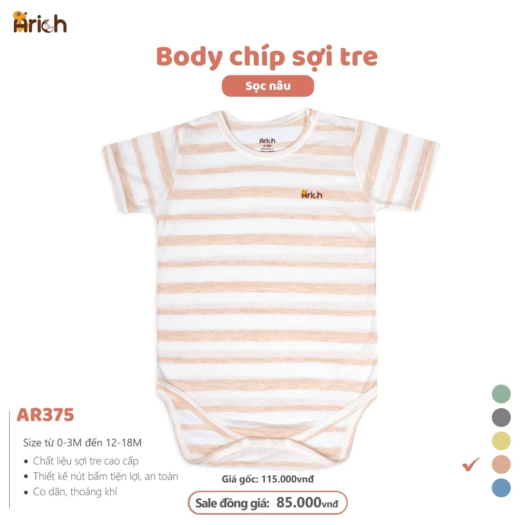 Ảnh Body chip cộc tay phối sọc Arich,vải sợi tre thông hơi, mát, mịn cho bé trai, gái sơ sinh -18 tháng 3