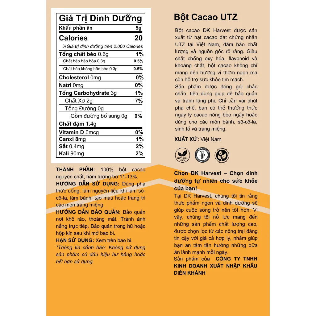 Ảnh Bột Cacao Nguyên Chất DK Harvest - Chuẩn UTZ, 11-13% Bơ Cacao | Đậm Vị, Giàu Chất Chống Oxy Hóa, Cải Thiện Tâm Trạng 2