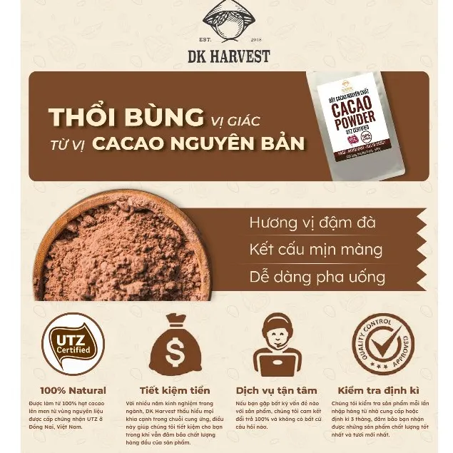 Ảnh Bột Cacao Nguyên Chất DK Harvest - Chuẩn UTZ, 11-13% Bơ Cacao | Đậm Vị, Giàu Chất Chống Oxy Hóa, Cải Thiện Tâm Trạng 3