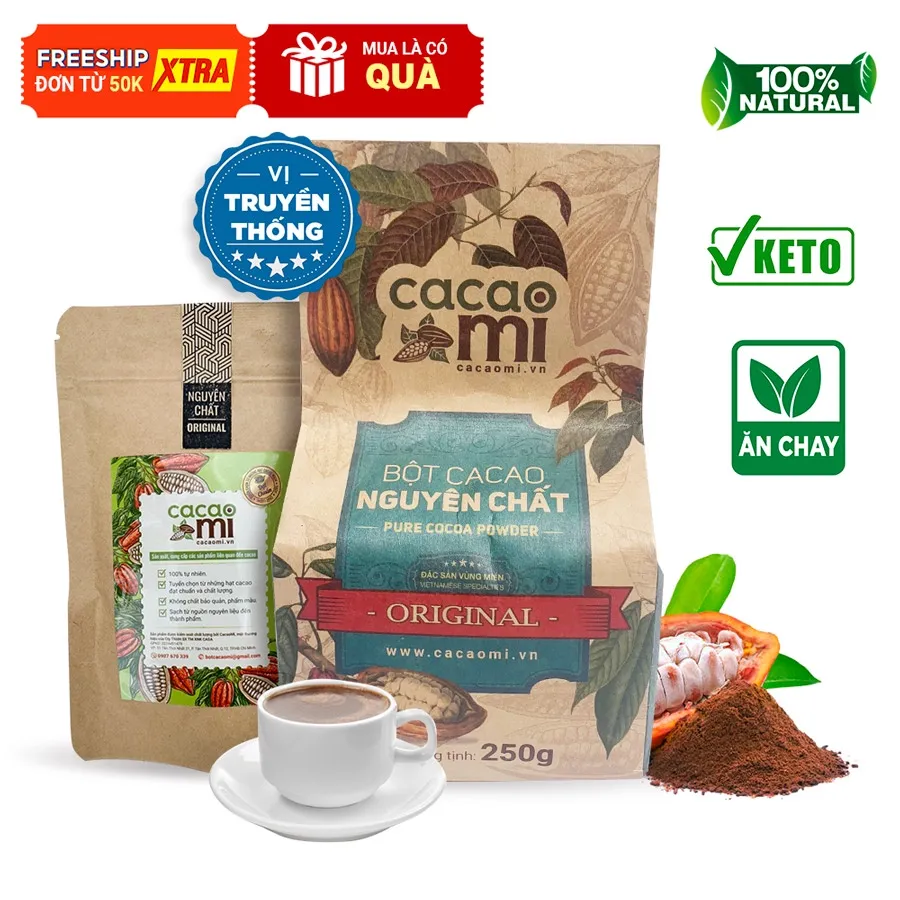 Ảnh Bột cacao nguyên chất không đường CACAOMI Original chuẩn ăn kiêng Keto Eat Clean, ăn chay [80g/250g] 1