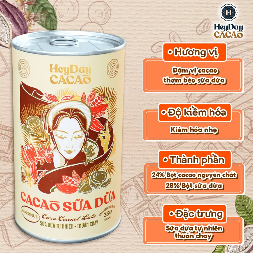 Ảnh Bột cacao sữa dừa tự nhiên, thuần chay – Lon 350g – Heyday Cacao 2