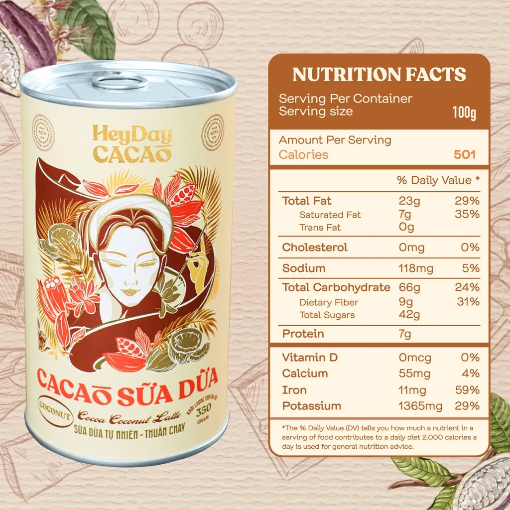 Ảnh Bột cacao sữa dừa tự nhiên, thuần chay – Lon 350g – Heyday Cacao 3