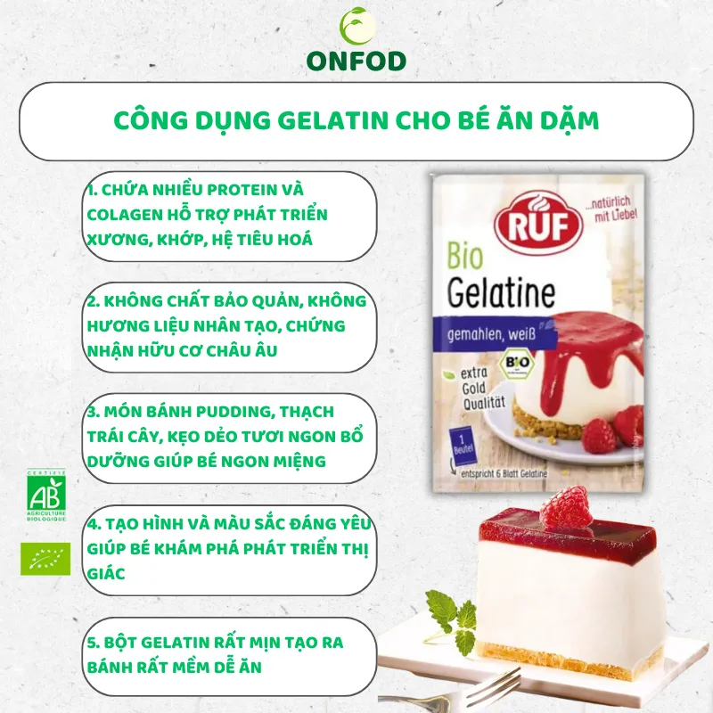 Ảnh Bột gelatin hữu cơ ăn dặm cho bé Ruf ONFOD nhập khẩu Đức làm bánh thạch pudding chipchip kẹo dẻo 9g 2