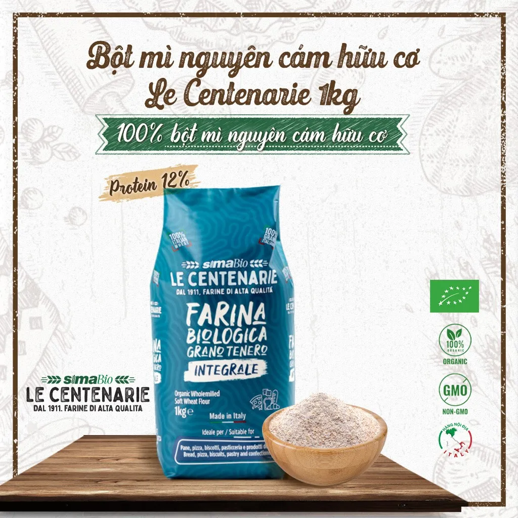 Ảnh Bột mì hữu cơ Sima Bio 1kg các loại nguyên cám, đa dụng, Manitoba 2