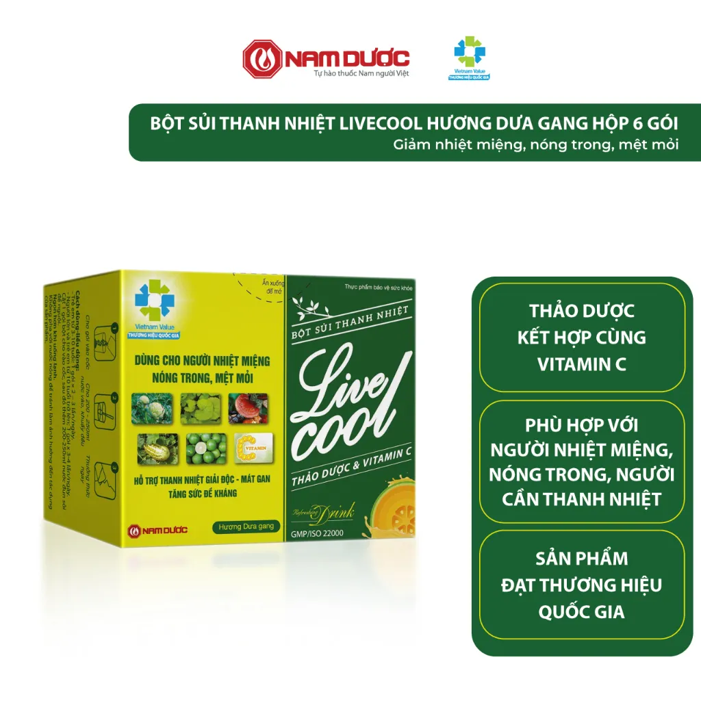 Ảnh Bột sủi thanh nhiệt Livecool Nam Dược hương dưa gang hộp 6 góix7g hỗ trợ giảm nhiệt miệng nóng trong 2