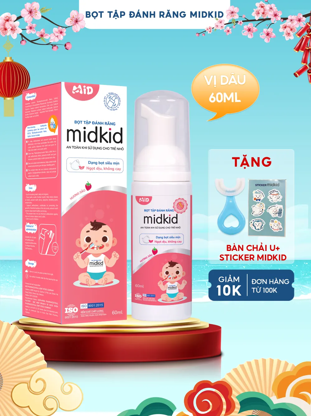Ảnh Bọt tập đánh răng Midkid chính hãng vị Dâu 60ml cho bé từ 1 tuổi, hữu cơ, bọt mịn tan nhanh, an toàn 1