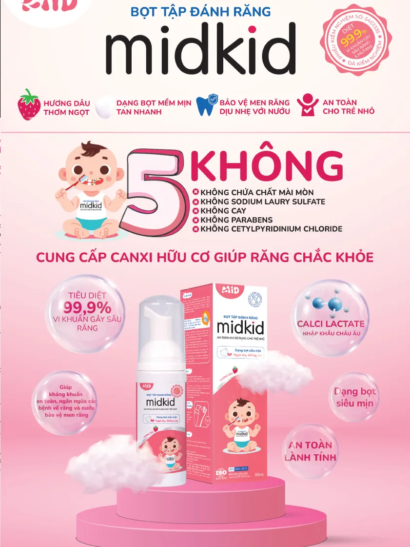 Ảnh Bọt tập đánh răng Midkid chính hãng vị Dâu 60ml cho bé từ 1 tuổi, hữu cơ, bọt mịn tan nhanh, an toàn 3