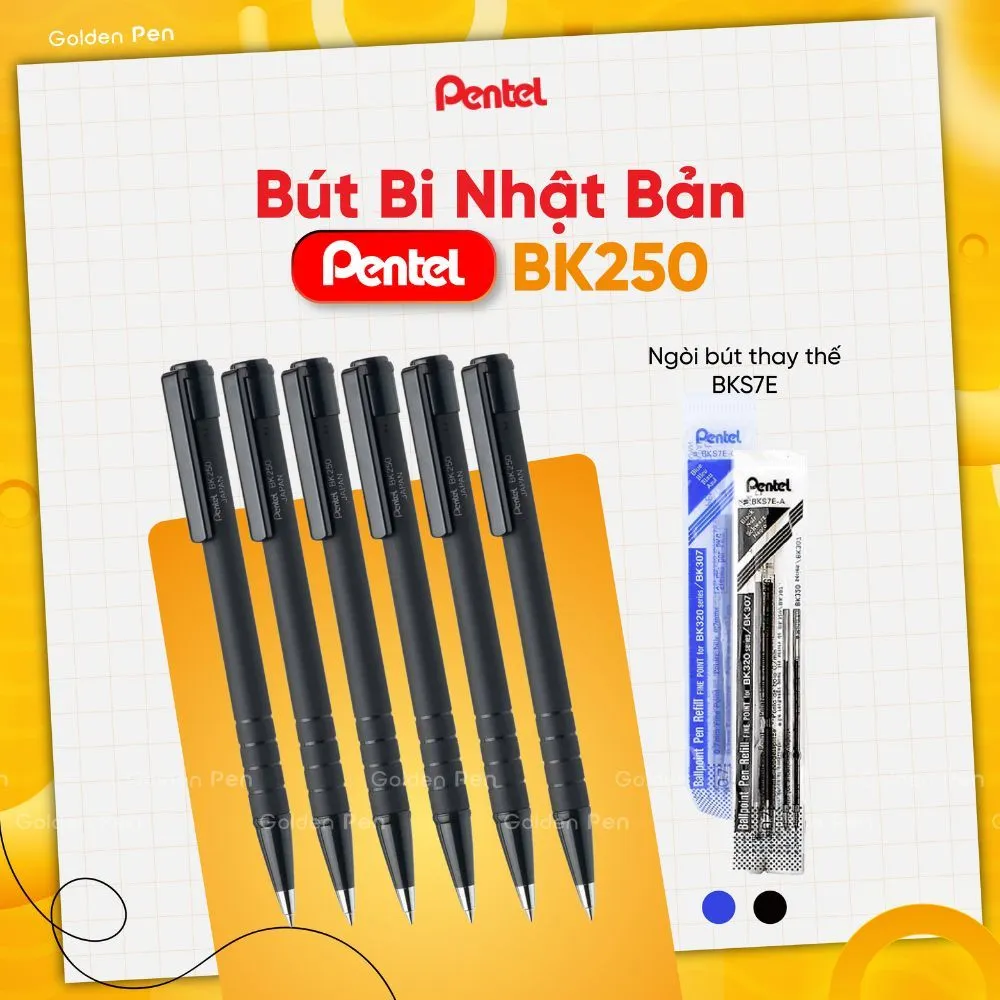 Ảnh Bút Bi Bấm Pentel BK250 0.7mm Mực Êm Thiết Kế Cao Su Đen 1