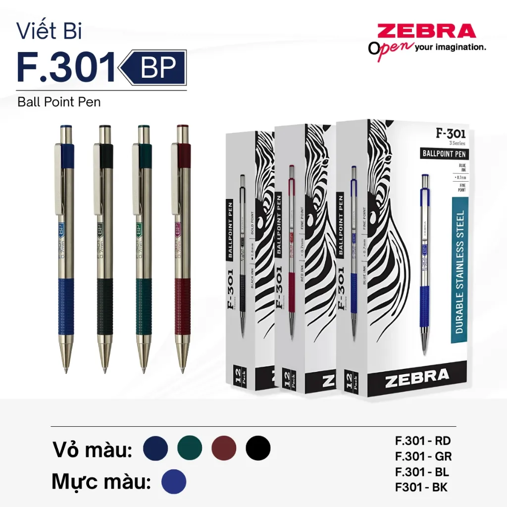 Ảnh Bút Bi F.301 0.7mm Zebra Pen Mực Xanh - Vỏ Đỏ Xanh Lá Xanh Dương Đen 12.6g [Chính Hãng] 2