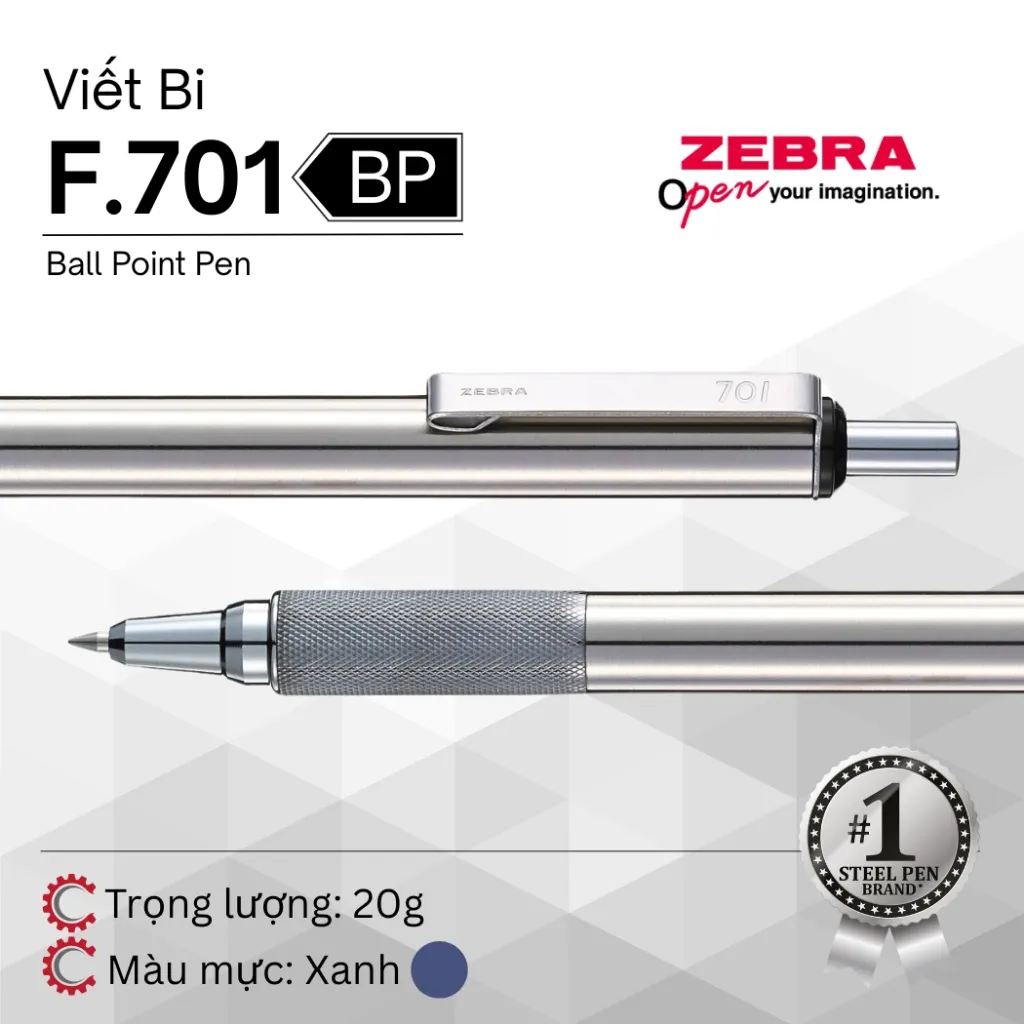 Ảnh Bút Bi F-701 0.7mm Zebra Pen Vỏ Kim Loại Bạc Mực Xanh  [Chính Hãng] 2