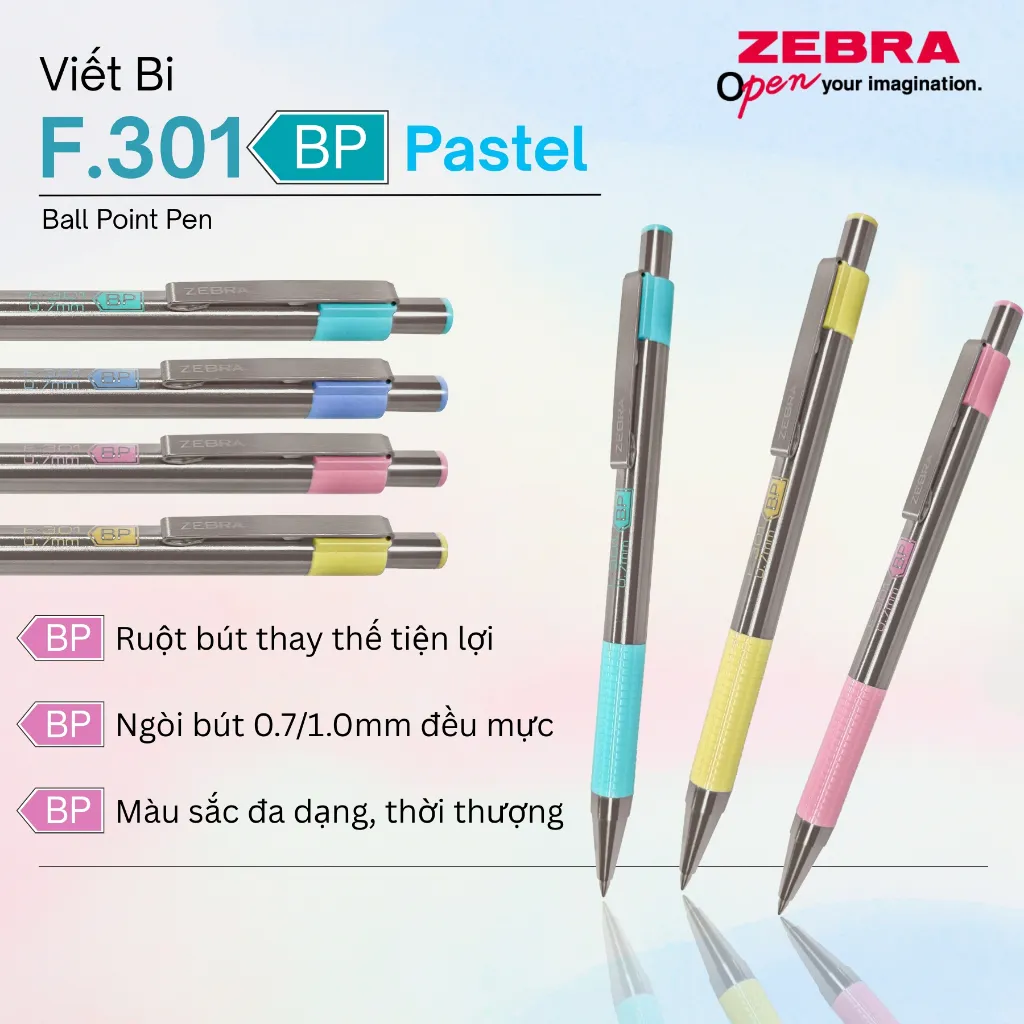 Ảnh Bút Bi Kim Loại Cao Cấp F.301 Pastel Zebra Pen 1.0mm - Mực Xanh, Vỏ Kim Loại Sang Trọng [Chính Hãng] 1