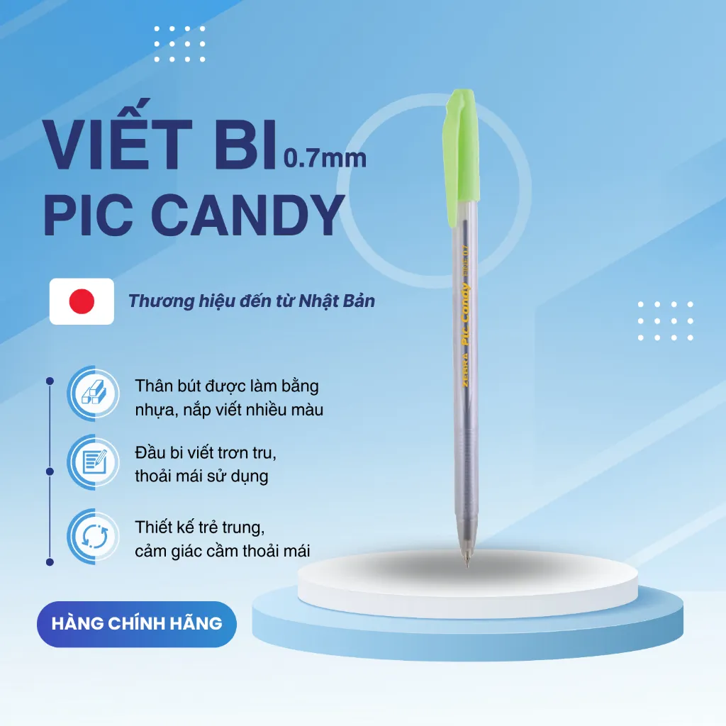Ảnh Bút bi nắp Pic Candy 0.7mm hộp 12 cây mực xanh - Zebra [Chính hãng] 3