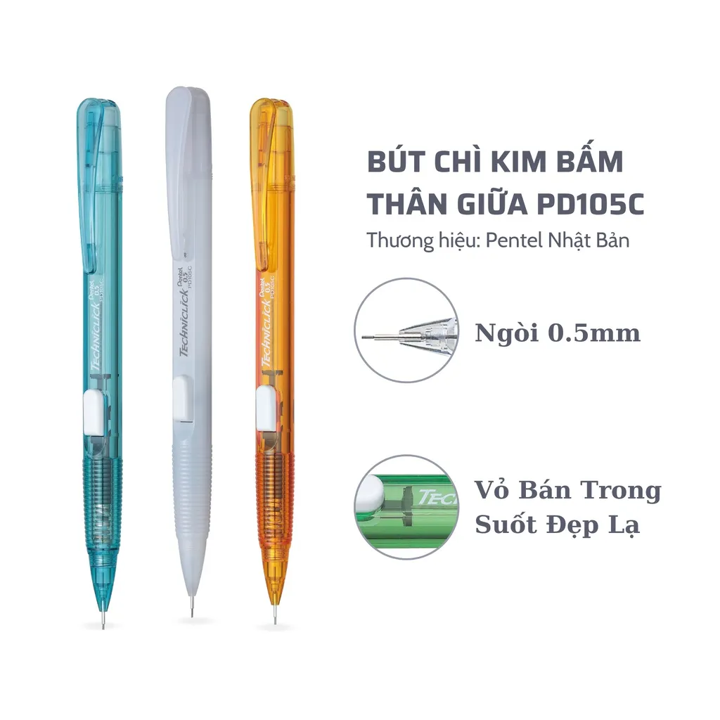Ảnh Bút Chì Bấm Pentel PD105C – Bút Chì Kim 0.5, Nút Bấm Thân Giữa Tiện Lợi, Viết Êm, Nét Mảnh 3