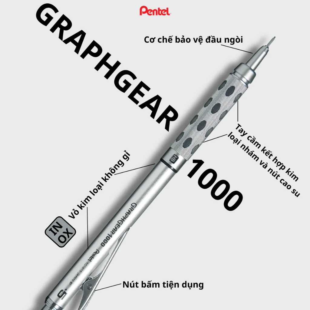 Ảnh Bút Chì Cơ Khí Pentel Graphgrear 1000 – Thân Kim Loại Inox, Nét Chuẩn Xác – Bút Chì Bấm Ngòi 0.5mm 3