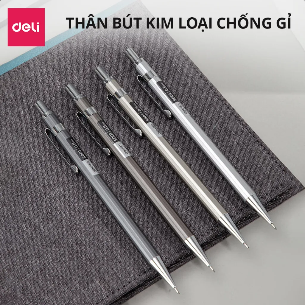 Ảnh Bút chì kim học sinh Deli kèm đầu tẩy - Ngòi 0.5/0.7mm - Vỏ kim loại không hao mòn chống gỉ- bảo vệ ngòi chì khi sử dụng 4