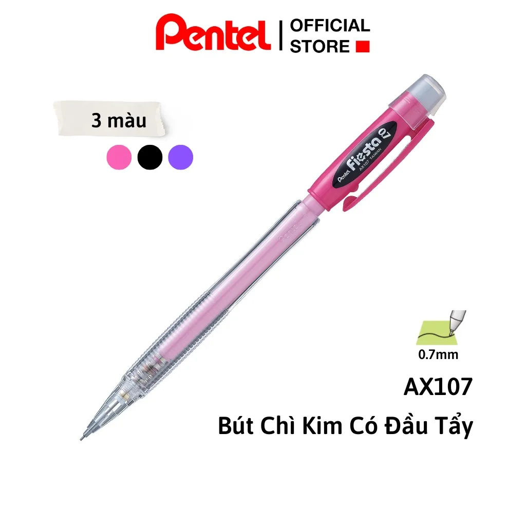 Ảnh Bút Chì Kim Pentel Nhật Bản Fiesta AX107 Ngòi 0.7mm | Thiết Kế Thân Trong Đẹp Mắt |Trang Bị Đầu Tẩy Tiện Dụng | 3 Màu Vỏ 1