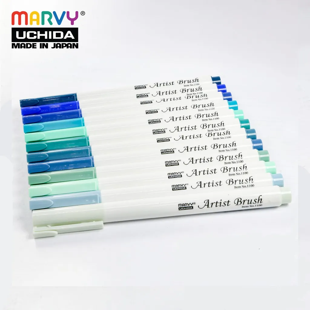 Ảnh Bút lông đầu cọ mềm Marvy Uchida 1100 ( Tone Xanh-xanh lá ) 2
