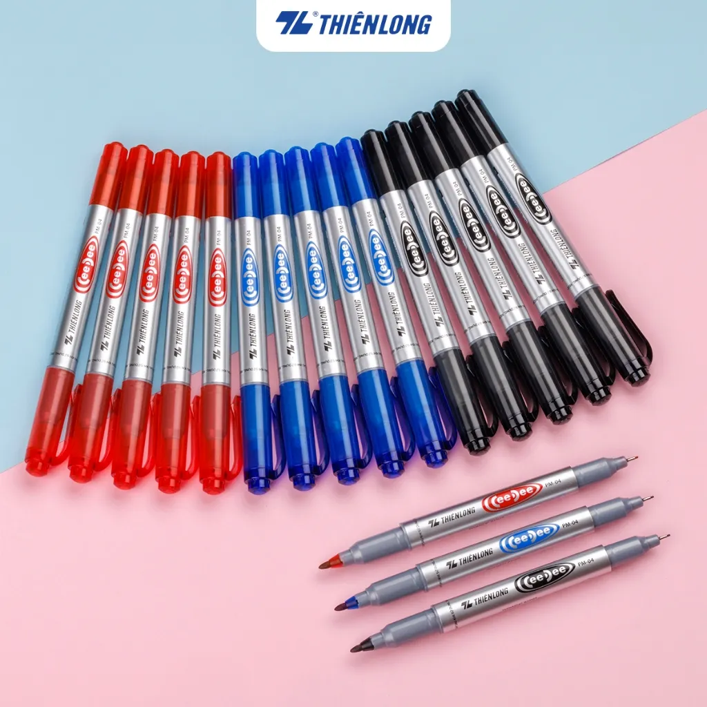 Ảnh Bút lông dầu Thiên Long PM-04 gồm đầu lớn 1.0mm, đầu nhỏ 0.4mm, đa dạng nét viết,thuận tiện khi sử dụng trên nhều bề măt 3
