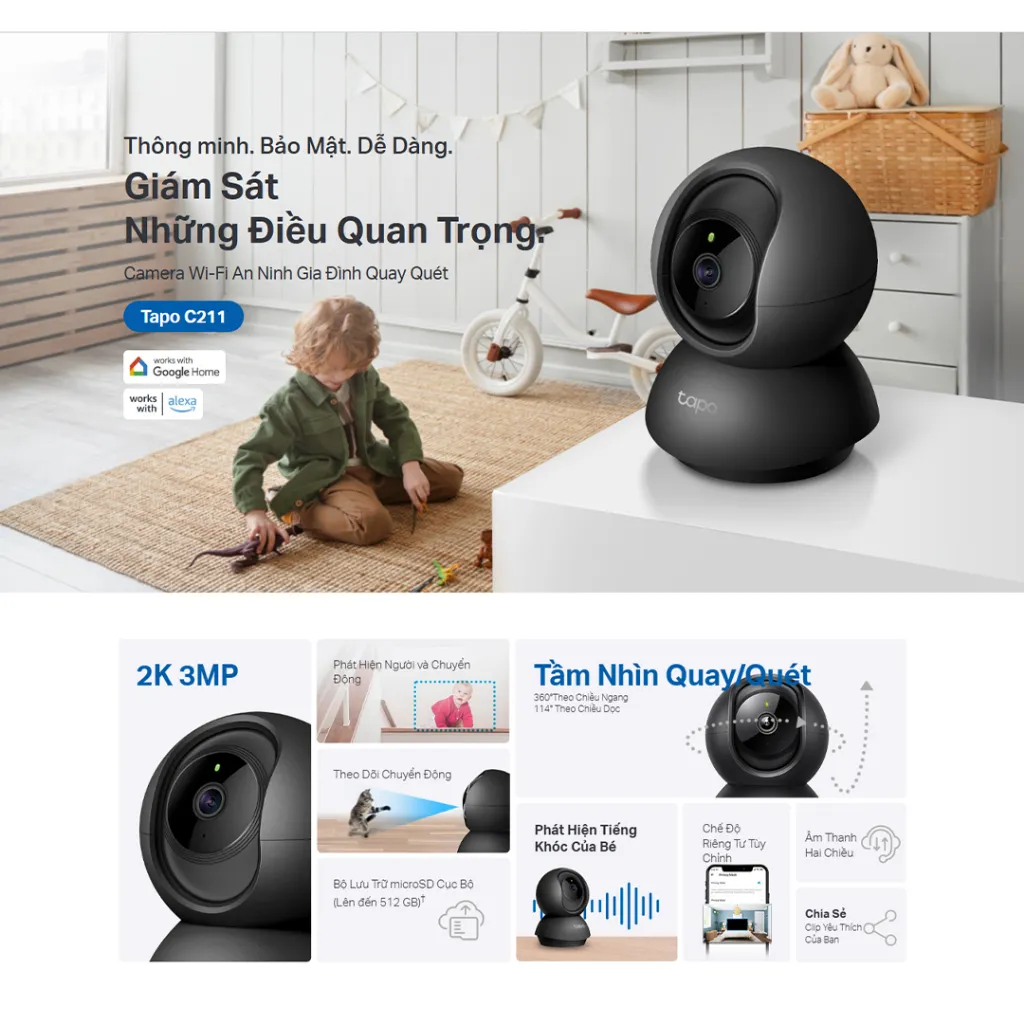 Ảnh Camera Wifi TP-Link Tapo C211 Độ Phân Giải 3MP 2K UHD Quay/Quét 360°, Camera An Ninh Gia Đình 3