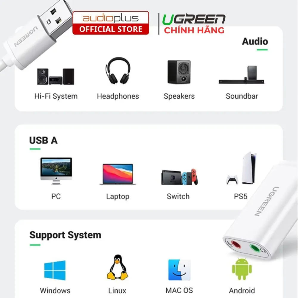 Ảnh Cáp chuyển âm thanh (Soundcard) USB 2.0 ra 3.5mm UGREEN US205 (30143, 30724) - Bảo hành 18 tháng 3