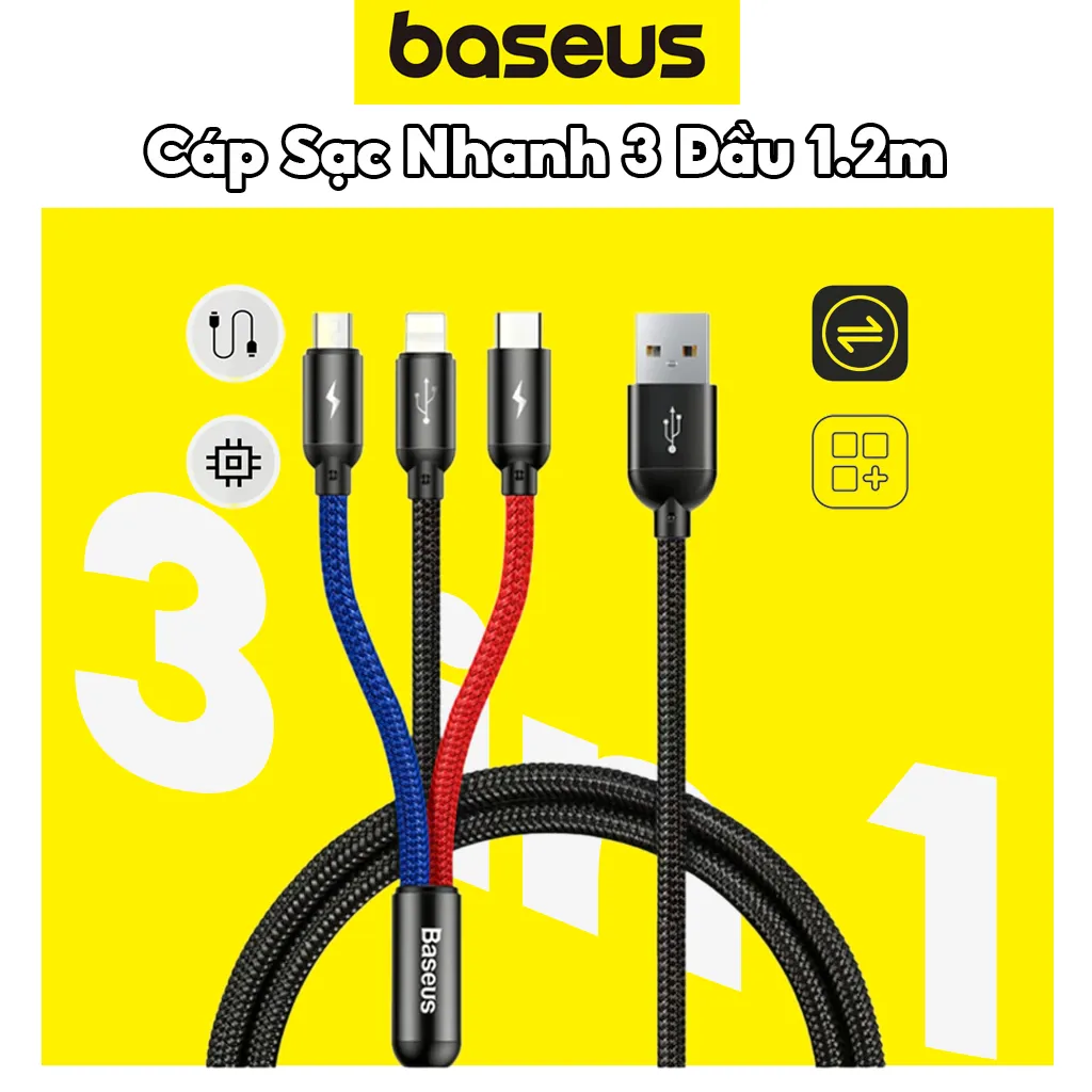 Ảnh Cáp Sạc 3 trong 1 CHÍNH HÃNG Baseus Dây Dù 1.2M Tiện Lợi Dành Cho Điện Thoại Ip-SamSung-Oppo-Xiaomi 1