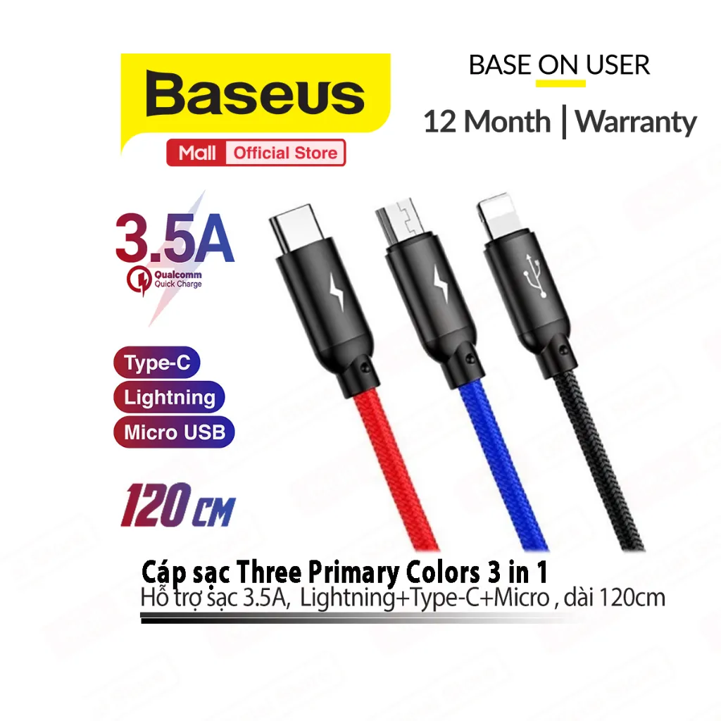 Ảnh Cáp sạc 3in1 Baseus Three Primary Colors dùng cho Smartphone/Android/IP10/11/12 sạc nhanh 3.5A, dài 30cm/120cm 1