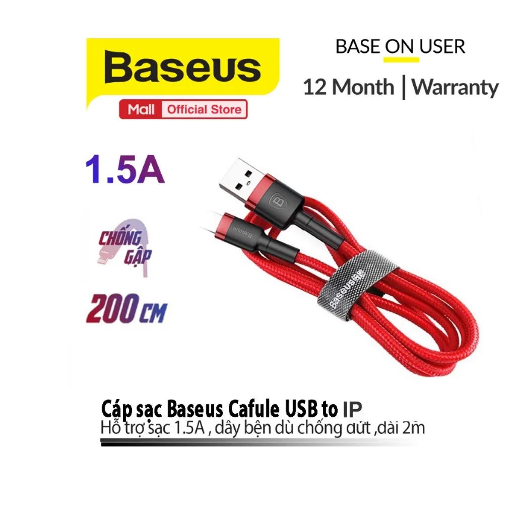 Ảnh Cáp sạc Baseus Cafule USB dùng cho iP6/7/8/10/11/12/13/14 Chống đứt, chống rối,sạc nhanh, Bảo vệ pin, dài 1m/2m/3m 1