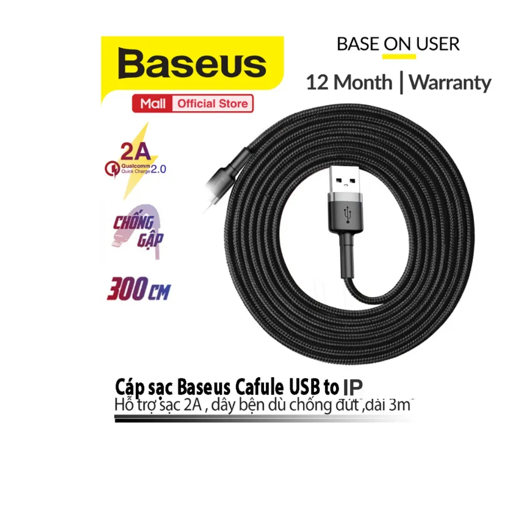 Ảnh Cáp sạc Baseus Cafule USB dùng cho iP6/7/8/10/11/12/13/14 Chống đứt, chống rối,sạc nhanh, Bảo vệ pin, dài 1m/2m/3m 2