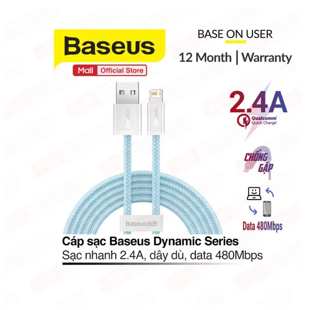 Ảnh Cáp sạc Baseus Dynamic Series USB dùng cho 6/7/8/10/11/12/13/14 sạc nhanh 2.4A data tốc độ cao, dây bọc dù, dài 1m/2m 1