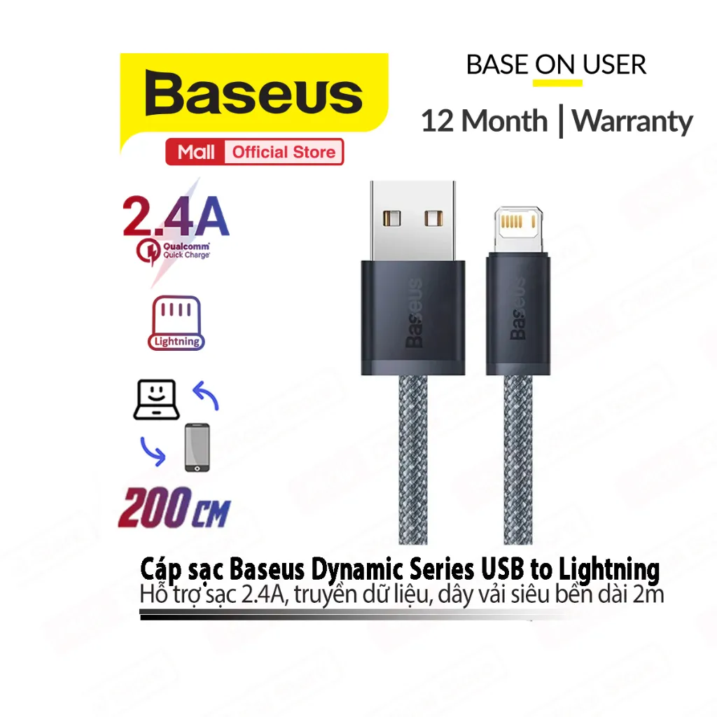 Ảnh Cáp sạc Baseus Dynamic USB cho iP7/8/10/11/12/13promax 2.4A dây dù siêu bền dài 1m/2m 1