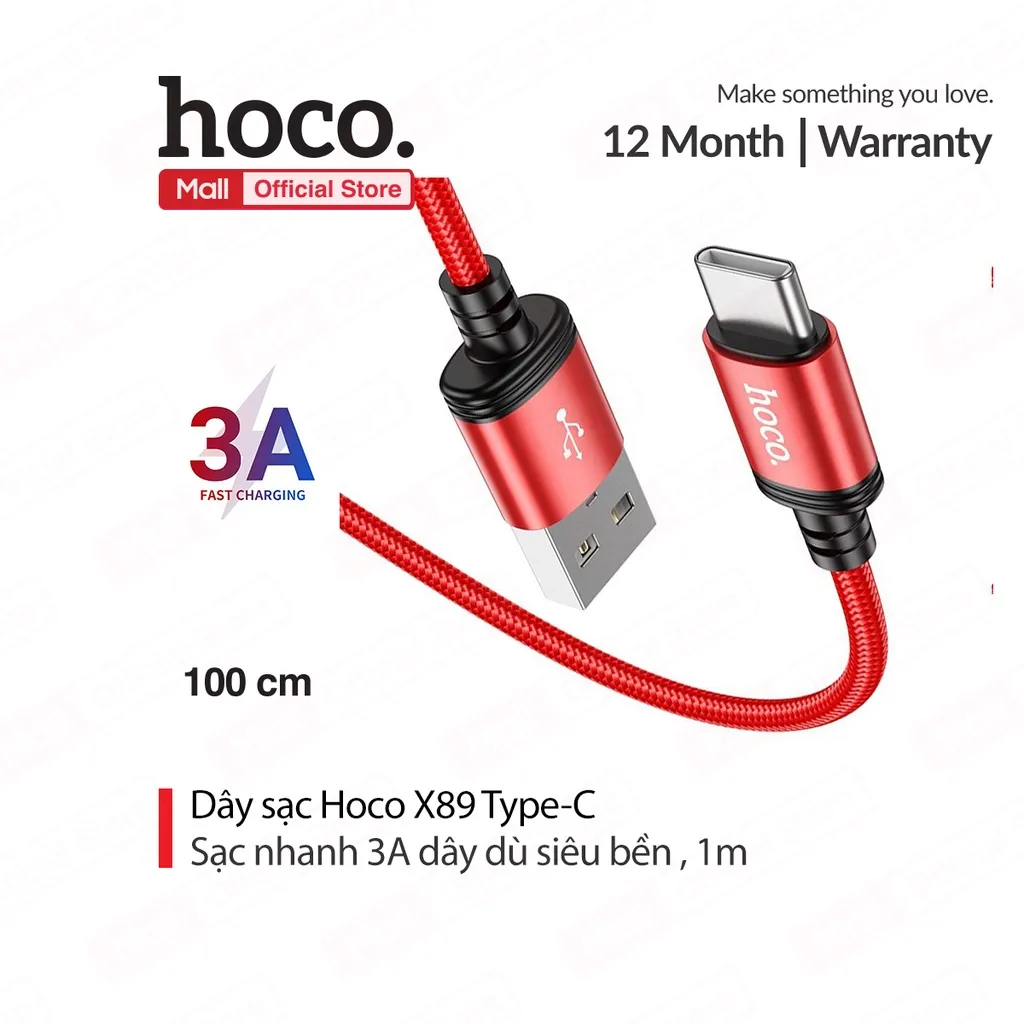 Ảnh Cáp sạc Hoco X89 Type-C sạc nhanh 3A đầu sạc chống gãy gập dài 1M 1