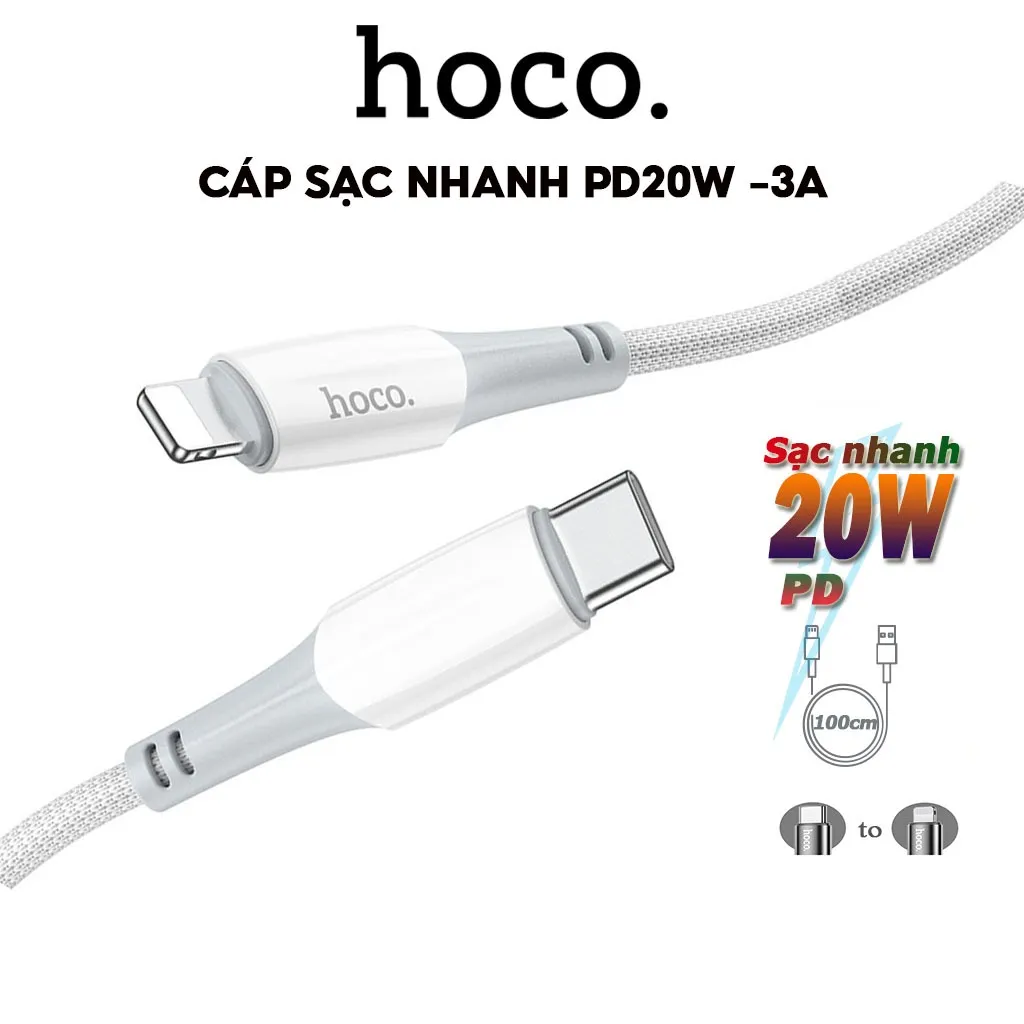 Ảnh Cáp Sạc Nhanh 20W Chính Hãng Hoco Dùng Cho IP 7-8-X-11-12-13-14-Pro-Plus-Promax- Dây Bện Dù Siêu Bền 1