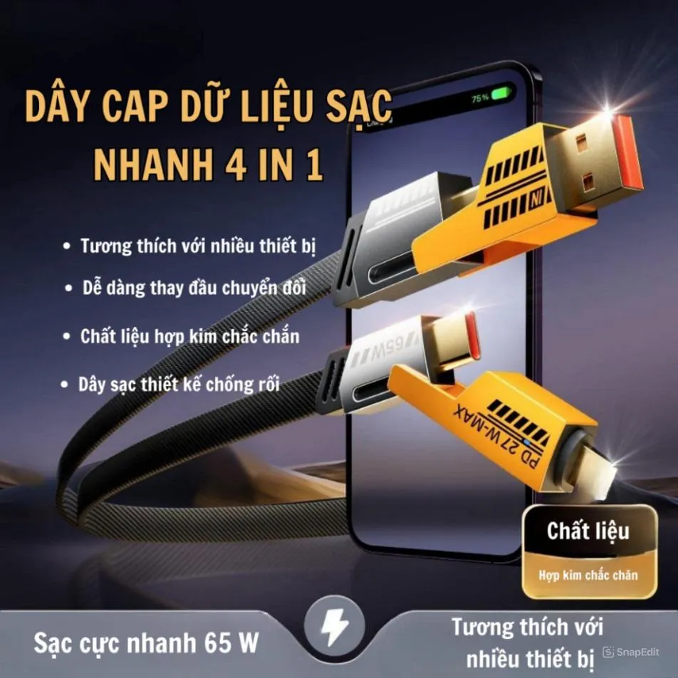 Ảnh Cáp Sạc Nhanh bọc vải dù 4 Trong 1 Sạc Chống Gẫy Chính Hãng Bảo Hành 16  tháng - Vinzy 1