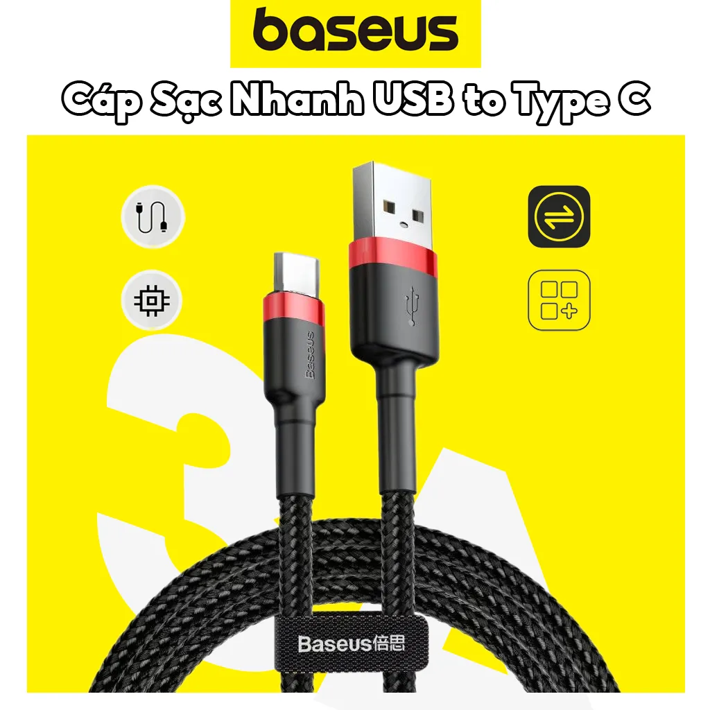 Ảnh Cáp sạc nhanh CHÍNH HÃNG Baseus Chuẩn USB ra Type C - Dây Bọc Dù Chống Gãy Gập - Siêu Bền 1