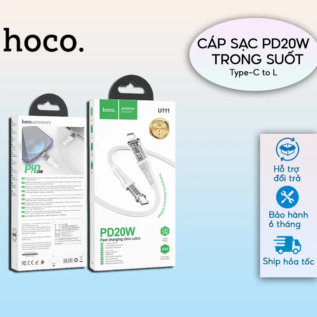 Ảnh Cáp Sạc Nhanh PD20W Hoco Đầu Cắm Trong Suốt, Truyền Tải Dữ Liệu Dùng Cho IP 7-14 -plus-pro-promax 1