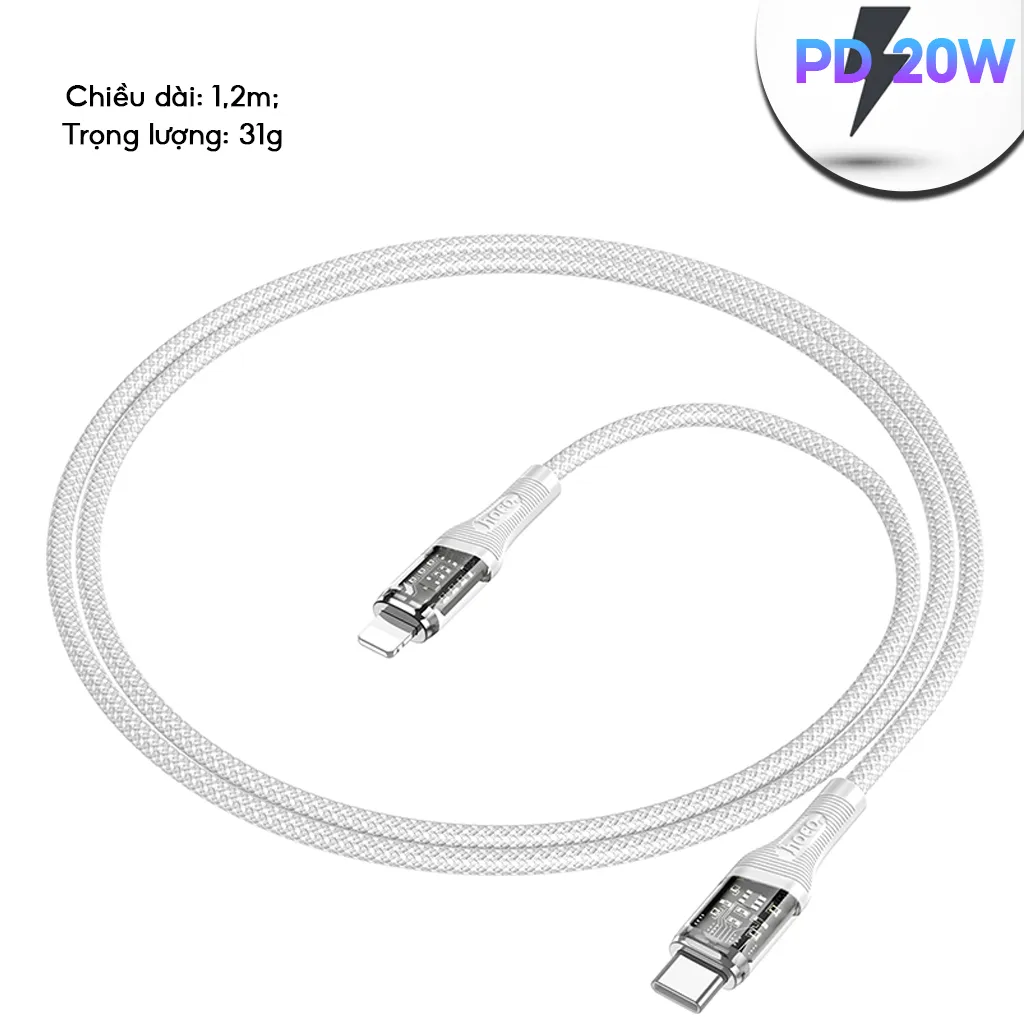 Ảnh Cáp Sạc Nhanh PD20W Hoco Đầu Cắm Trong Suốt, Truyền Tải Dữ Liệu Dùng Cho IP 7-14 -plus-pro-promax 4
