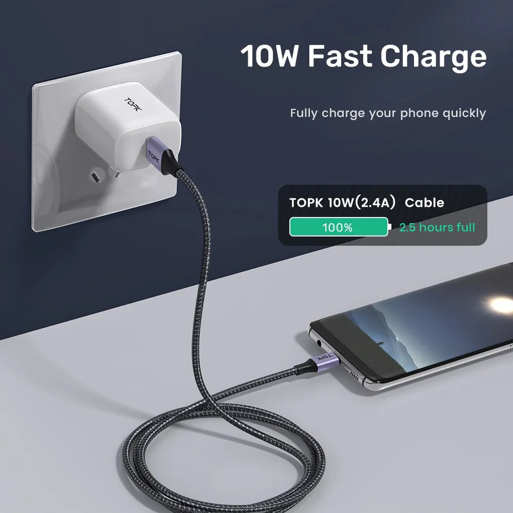 Ảnh Cáp sạc nhanh TOPK AN10 QC3.0 dây nylon bện vỏ kim loại đầu cắm Micro USB chất lượng cao 2