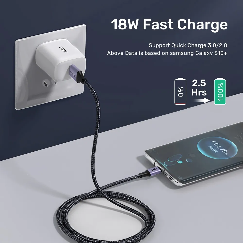 Ảnh Cáp Sạc Nhanh USB Type C TOPK AN10 3A QC3.0 Dài 1M 2