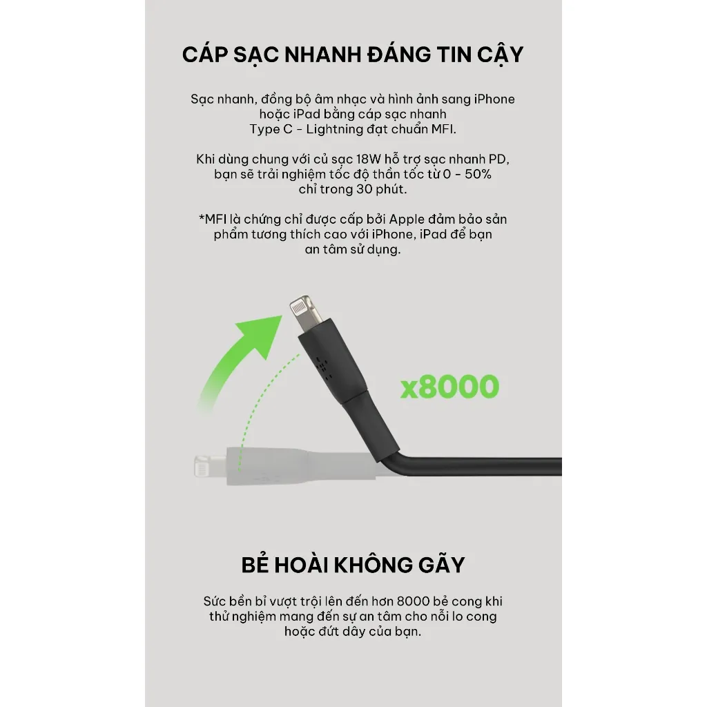 Ảnh Cáp sạc nhanh USB-C to Lightning BOOST CHARGE Belkin 30W vỏ nhựa bền bỉ, chứng nhận MFi 4