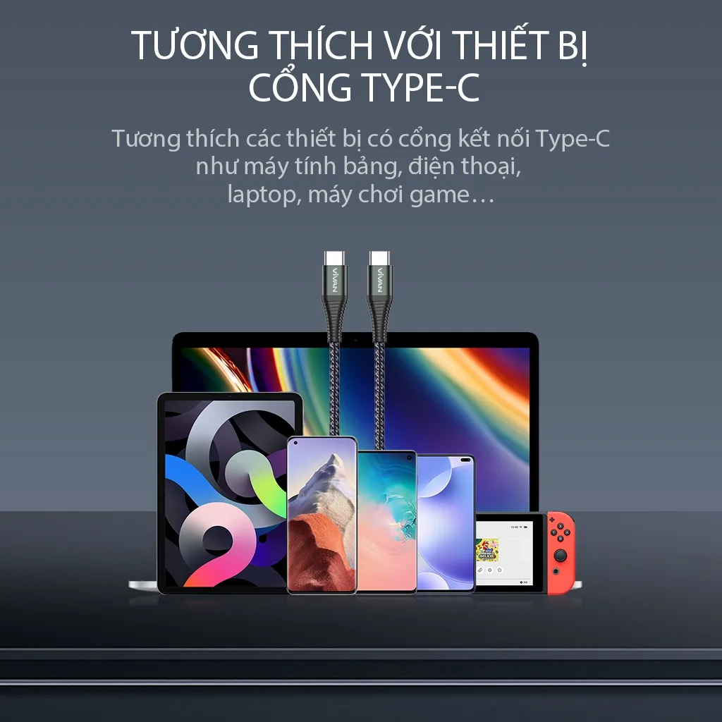 Ảnh Cáp Sạc Nhanh VIVAN KPD100S Type-C to Type-C 100cm Chuẩn Sạc Nhanh PD 60W Dây Chống Gãy Hàng Chính Hãng 4