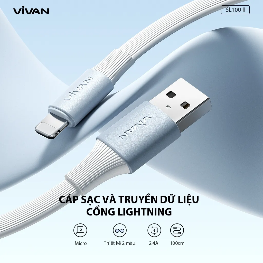 Ảnh Cáp Sạc Nhanh VIVAN SC100 II/ SL100 II (Type C/ Táo), Màu Trắng Xanh - Công Suất 2.4A, Dài 100cm 3
