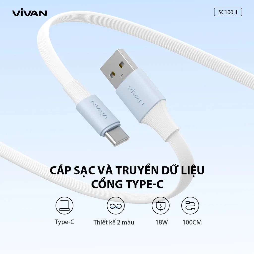Ảnh Cáp Sạc Nhanh VIVAN SC100 II/ SL100 II (Type C/ Lin), Màu Trắng Xanh - Công Suất 2.4A, Dài 100cm - Hàng Chính Hãng 2
