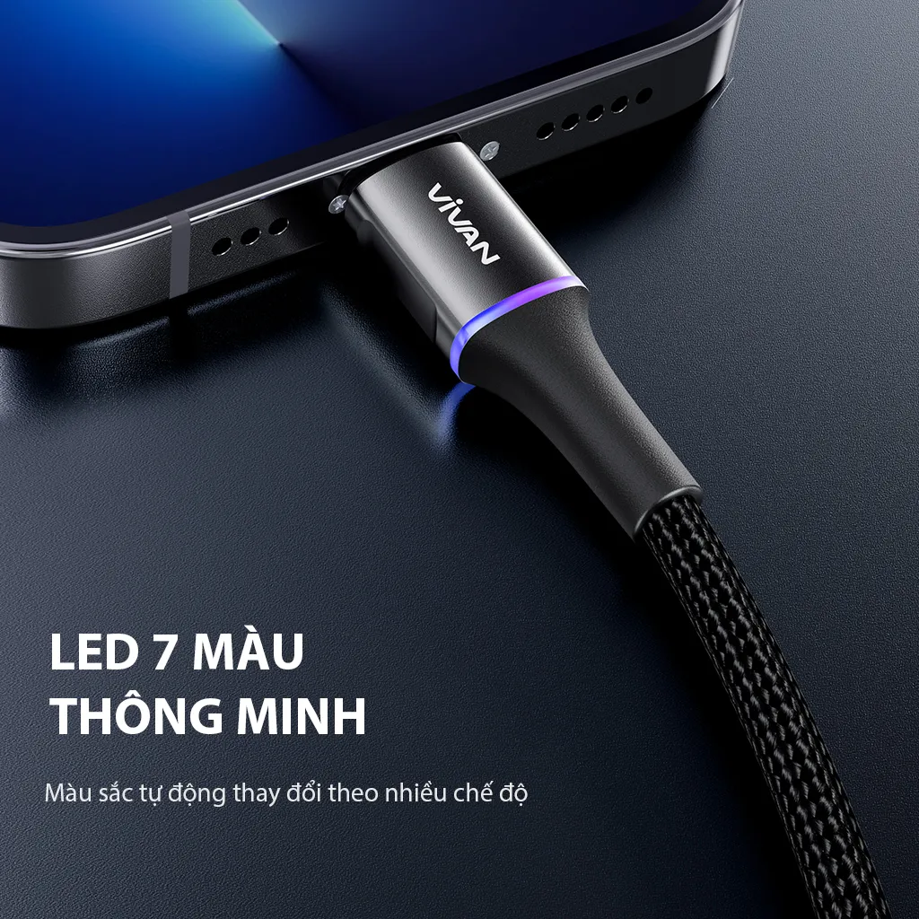 Ảnh Cáp Sạc Nhanh VIVAN VDCL120/ VDCC120 Type-C to L/ Type-C to Type-C, Led 7 Màu, Dài 120cm, Thiết Kế Chống Rối 1