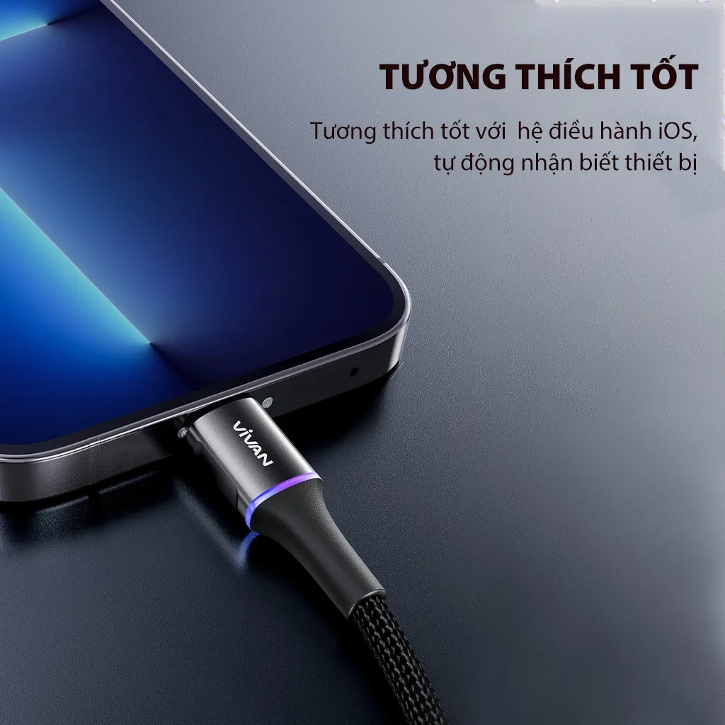 Ảnh Cáp Sạc Nhanh VIVAN VDCL120/ VDCC120 Type-C to L/ Type-C to Type-C, Led 7 Màu, Dài 120cm, Thiết Kế Chống Rối 4