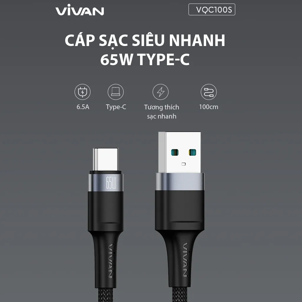 Ảnh Cáp sạc siêu nhanh VIVAN VQC100S ĐEN Type-C, Công Suất 65W - Phiên Bản Nâng Cấp - HÀNG CHÍNH HÃNG 1